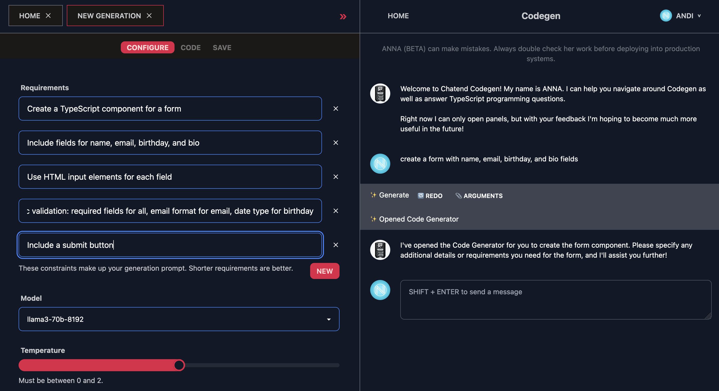 Codegen generation panel