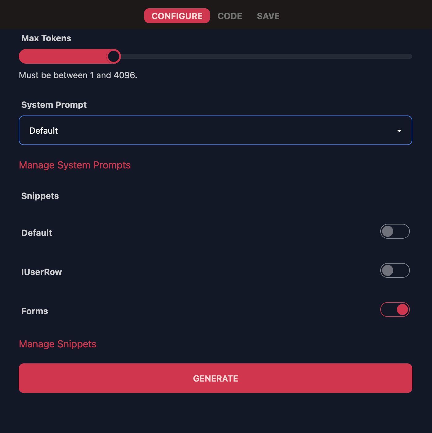 Codegen snippet settings